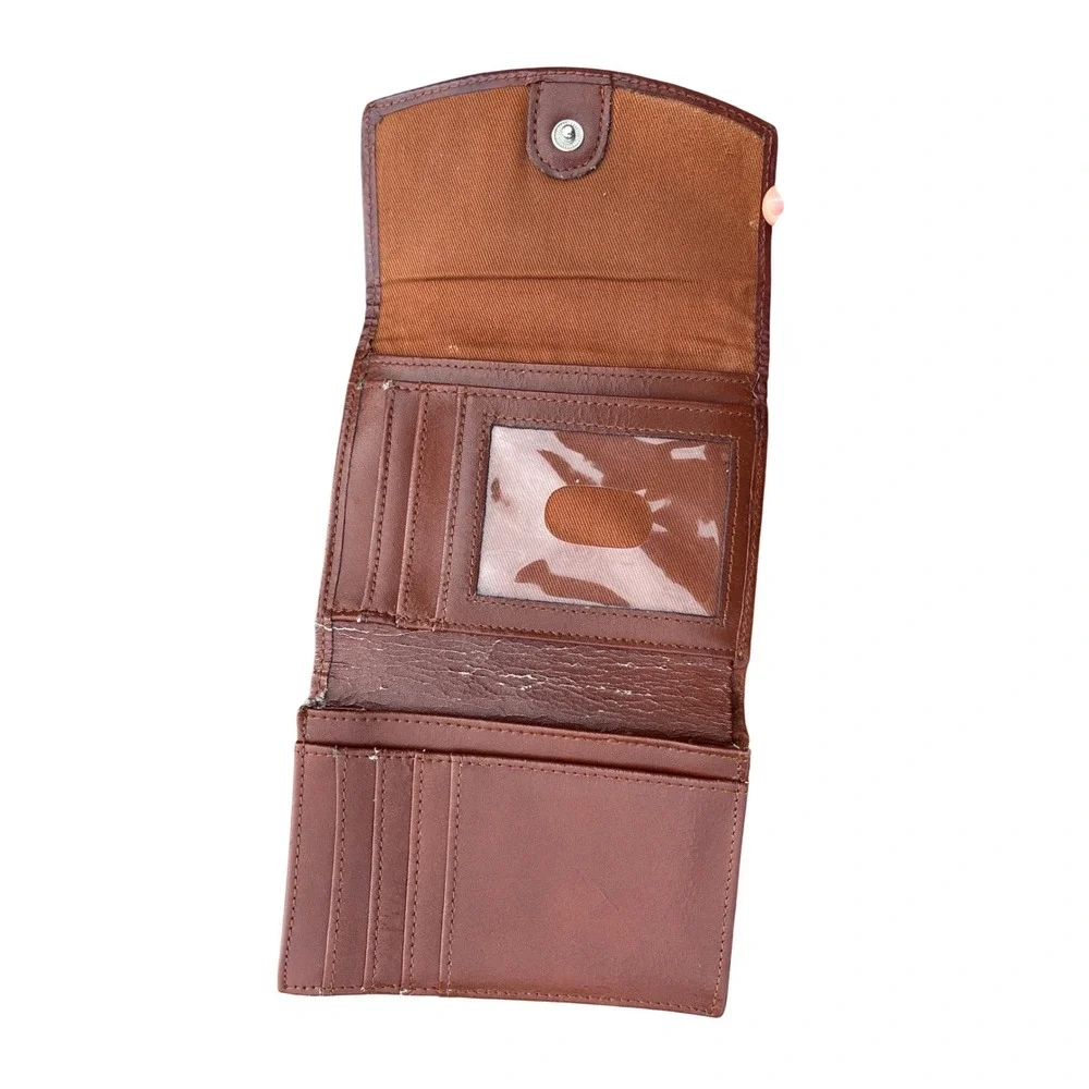 Fossil Brown Genuine Leather Woven Trifold Wallet Women Small Zip Pocket Snap